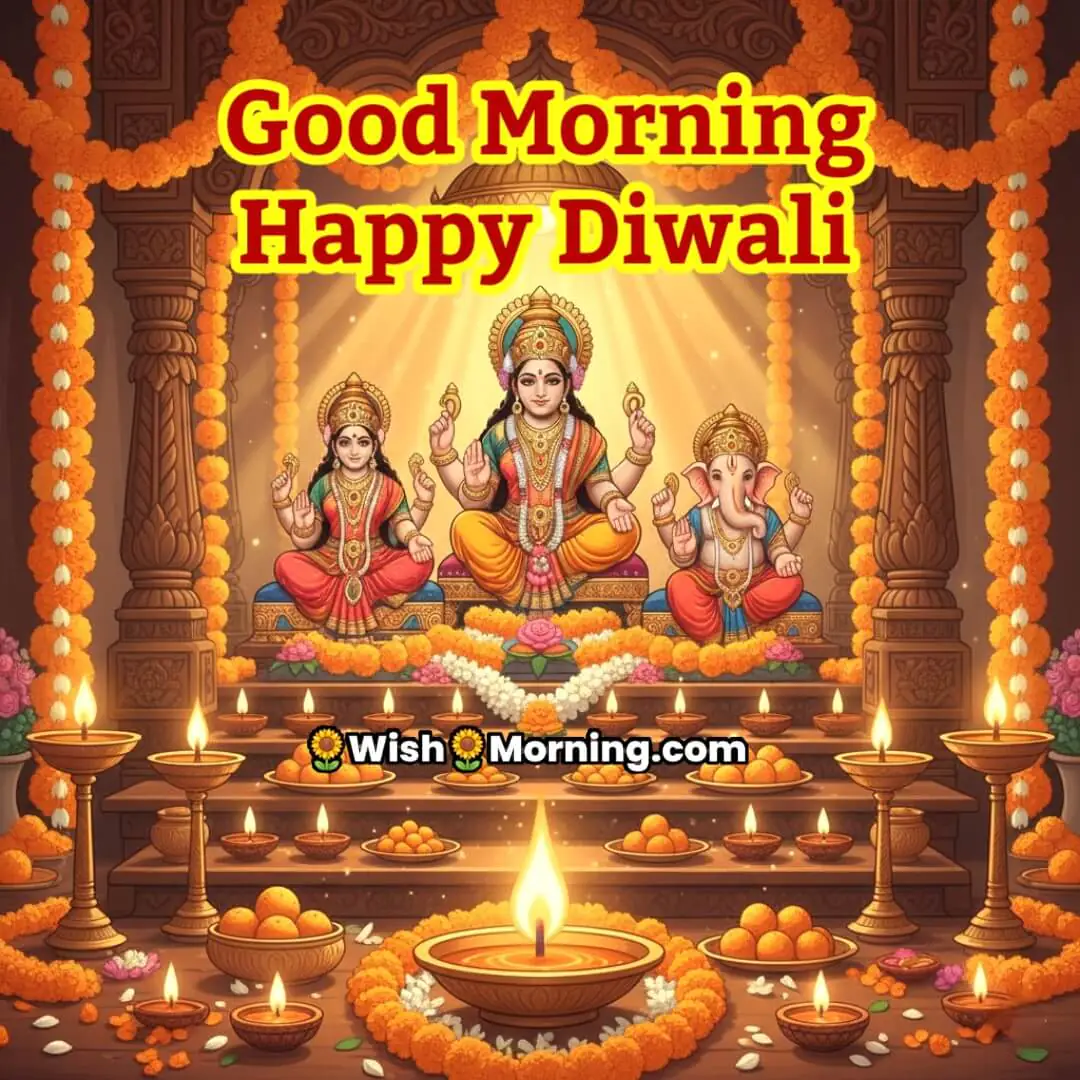 Good Morning Happy Diwali image featuring a decorated home temple with idols, diyas, and flowers, symbolizing divine devotion and morning serenity.