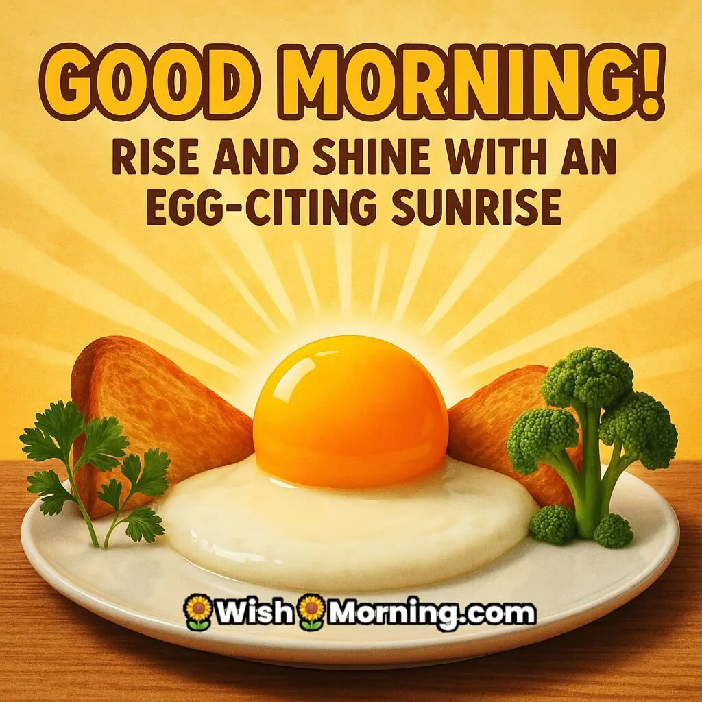 Good Morning egg yolk styled as sunrise over toast hills and greens trees, golden rays shining, egg-citing shine morning wish.