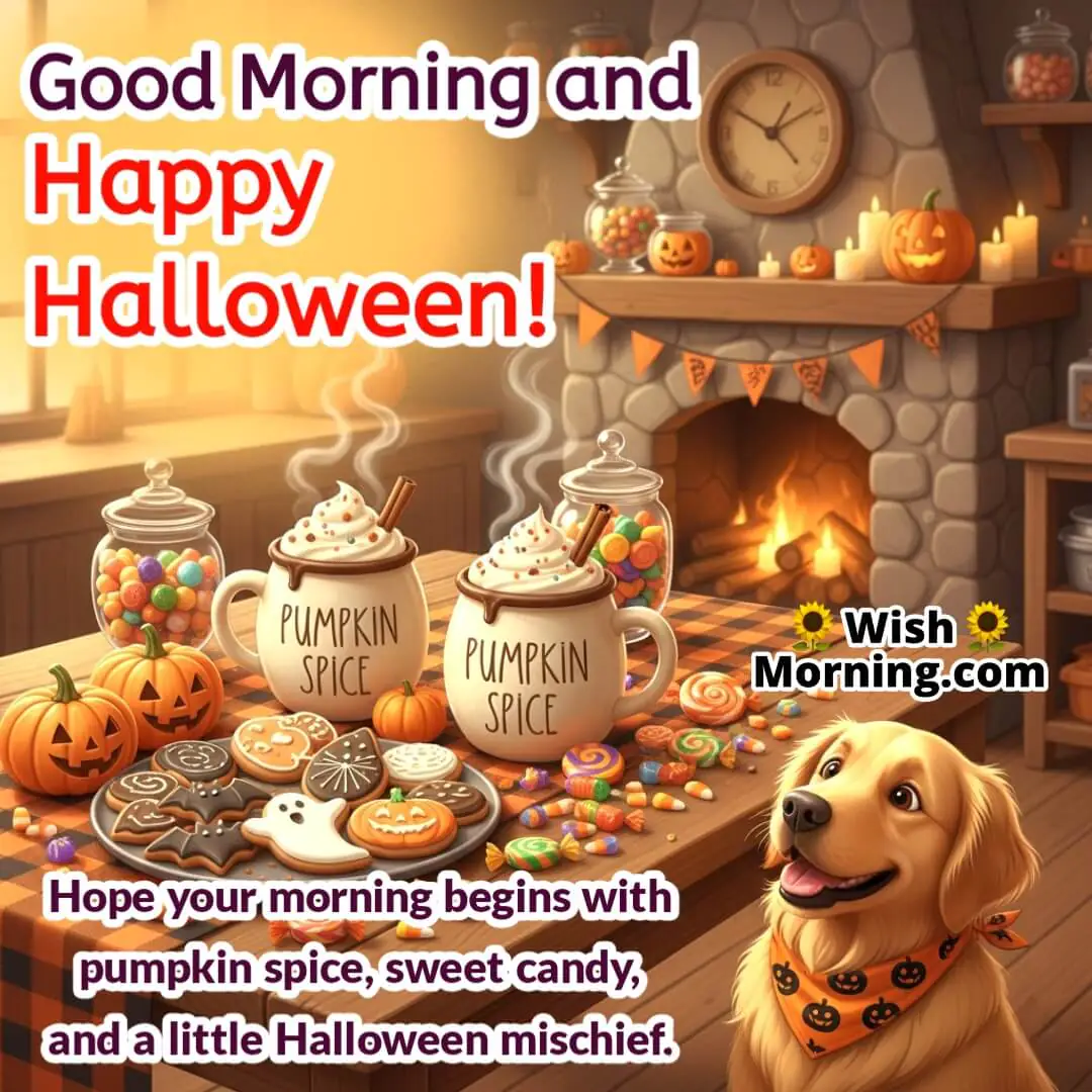 Good Morning and Happy Halloween image featuring decorated kitchen table with Halloween treats and a cute dog, symbolizing warmth, sweetness, and celebration.