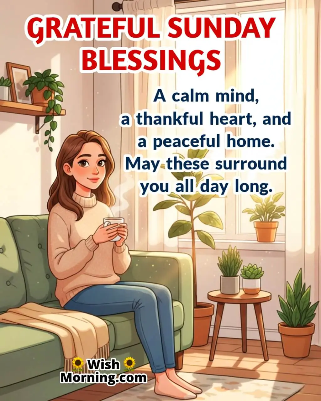 Grateful Sunday Blessings image featuring a woman enjoying tea in morning sunlight symbolizing gratitude and peace.