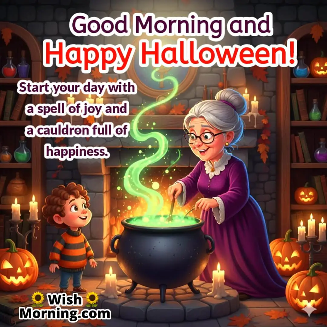 Good Morning and Happy Halloween image featuring a cheerful grandmother with a magical cauldron, symbolizing wisdom, wonder, and festive love.