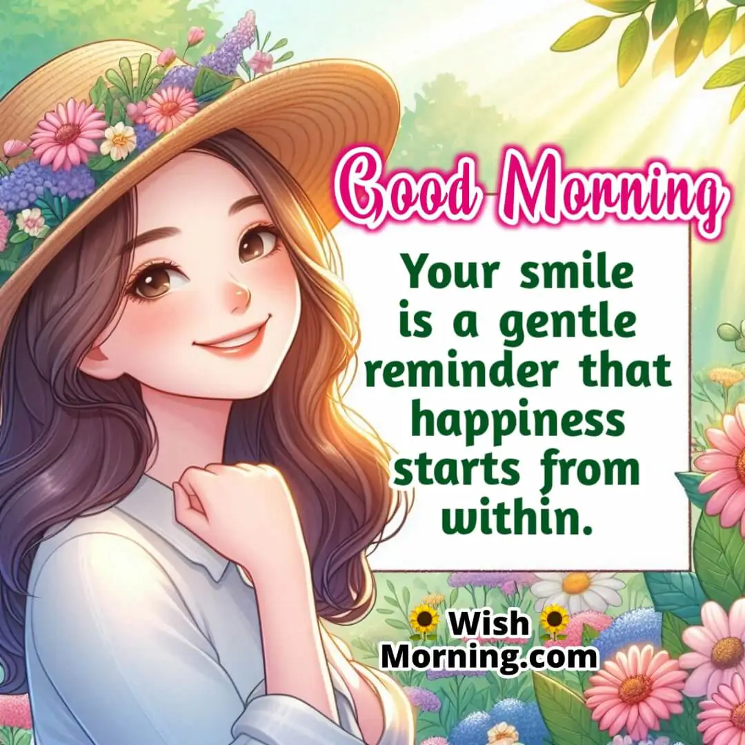 Morning image of a young woman smiling peacefully among flowers with sunlight on her face symbolizing happiness from within.
