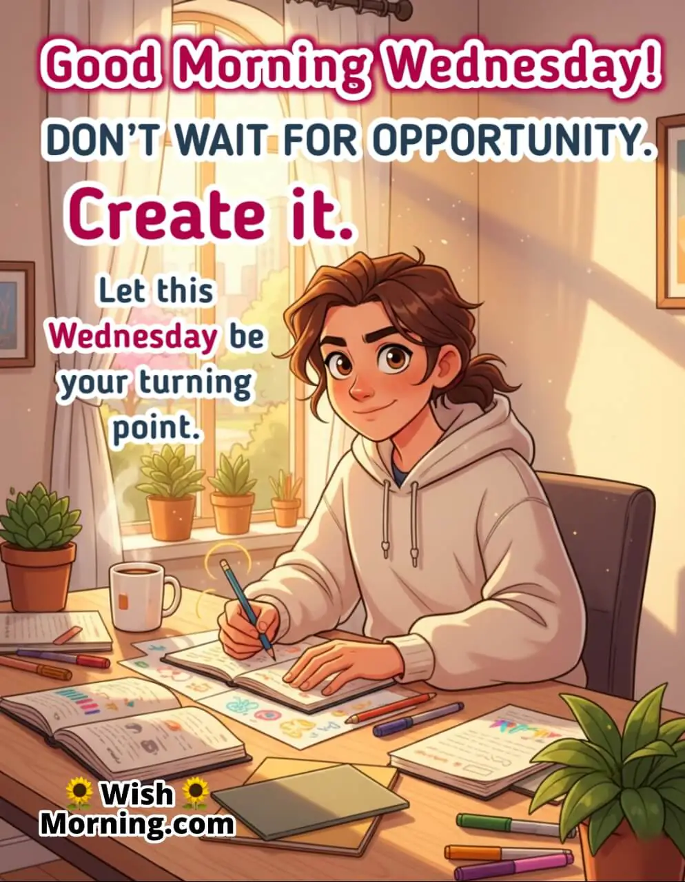 Inspirational Wednesday Quote image featuring a focused young person working by a sunlit window with open eyes and determined expression, symbolizing confidence and new opportunity.