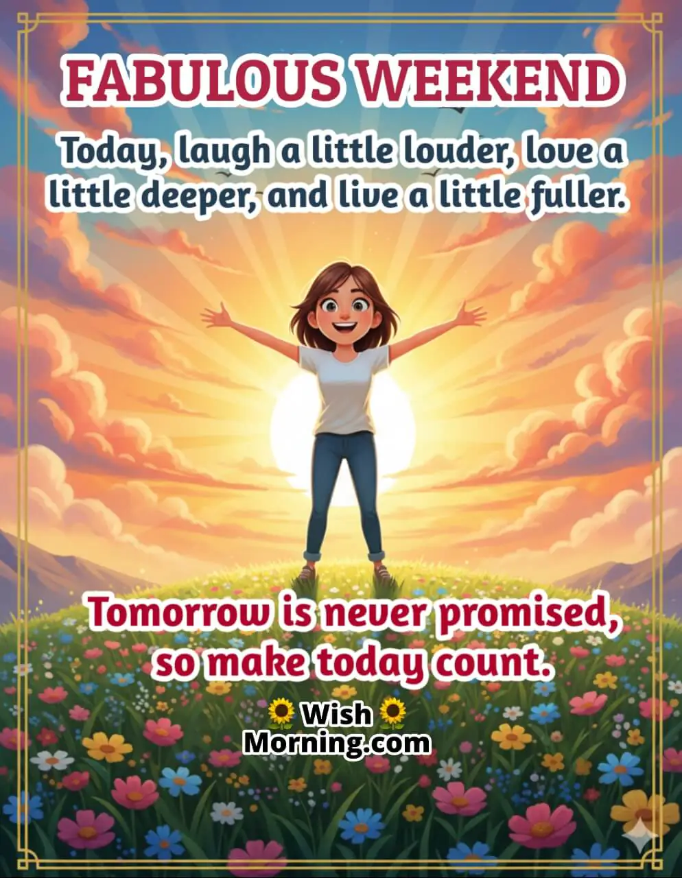 Motivational weekend message image featuring a person on a hilltop sunrise with open expressive eyes, symbolizing courage and positivity.