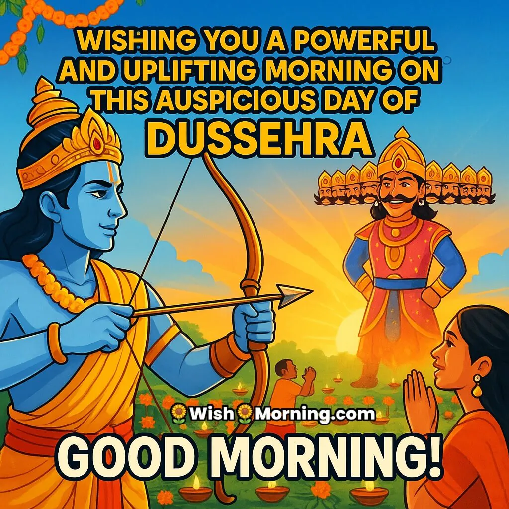 Dussehra Good Morning image featuring Lord Ram aiming his bow at Ravana’s effigy with contrasting background colors, festive elements, symbolizing the victory of good over evil.
