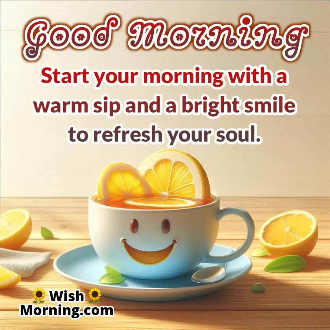 Morning table image of a teacup with lemon slices arranged in a smiling face in sunlight symbolizing cheerful beginnings.