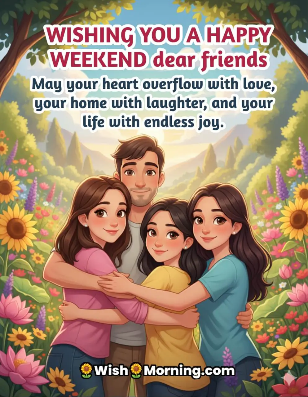 Weekend love wishes image featuring four friends hugging in a flower garden with open expressive eyes, symbolizing joy and togetherness.
