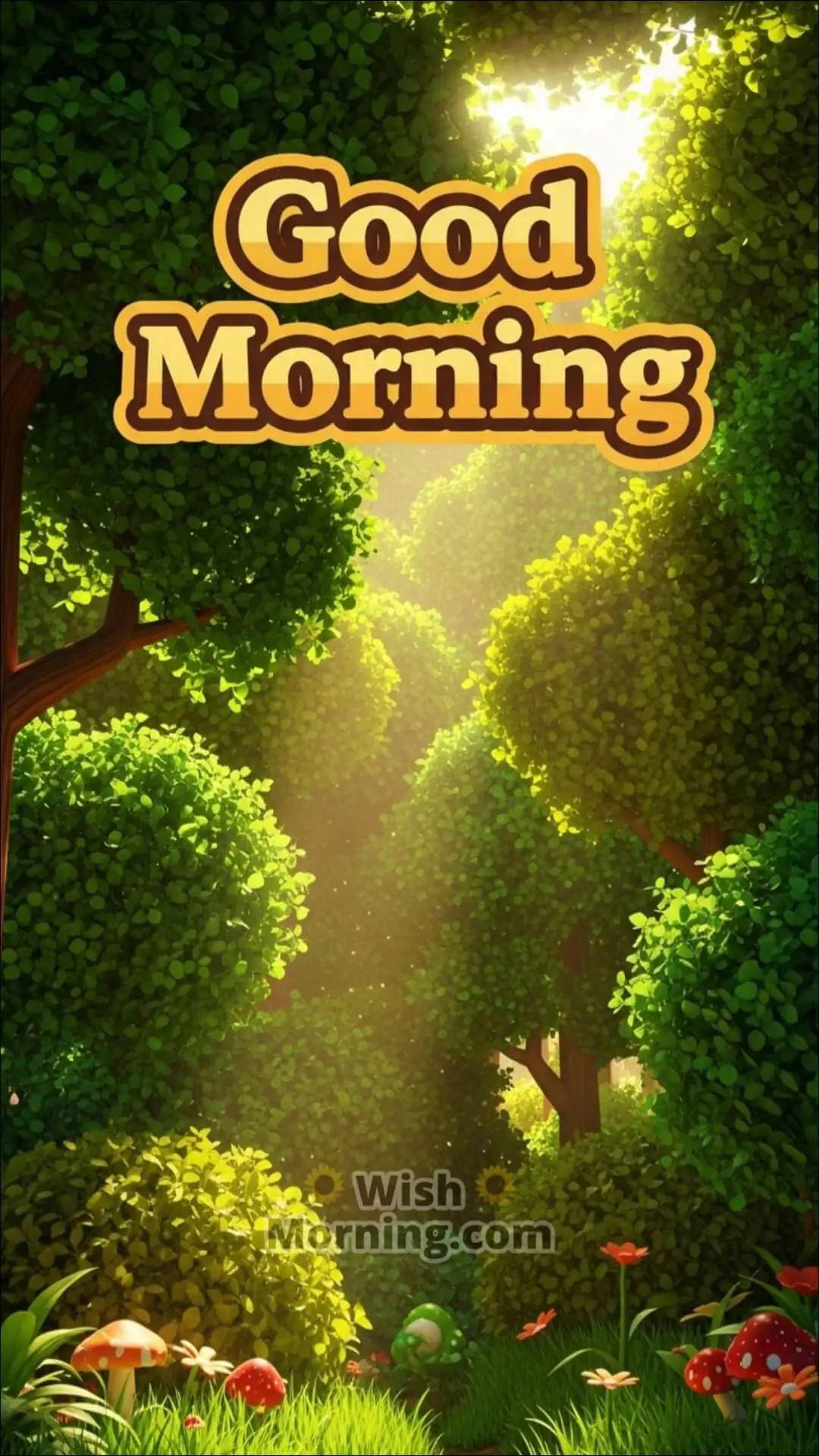 Good Morning mobile wallpaper featuring vibrant 3D sunlight streaming through lush green forest trees.