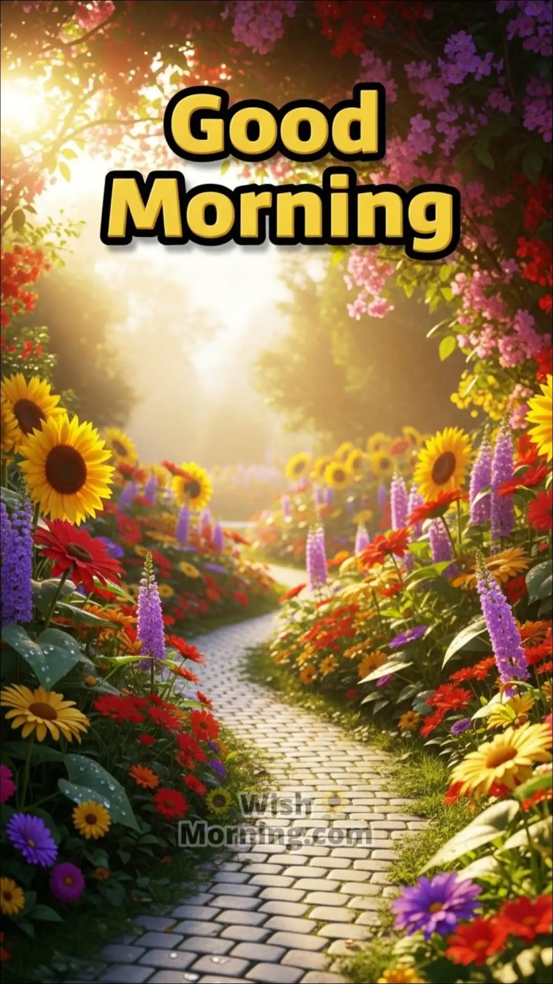 Good Morning mobile wallpaper featuring a lively 3D garden path with flowers and warm morning sunlight.