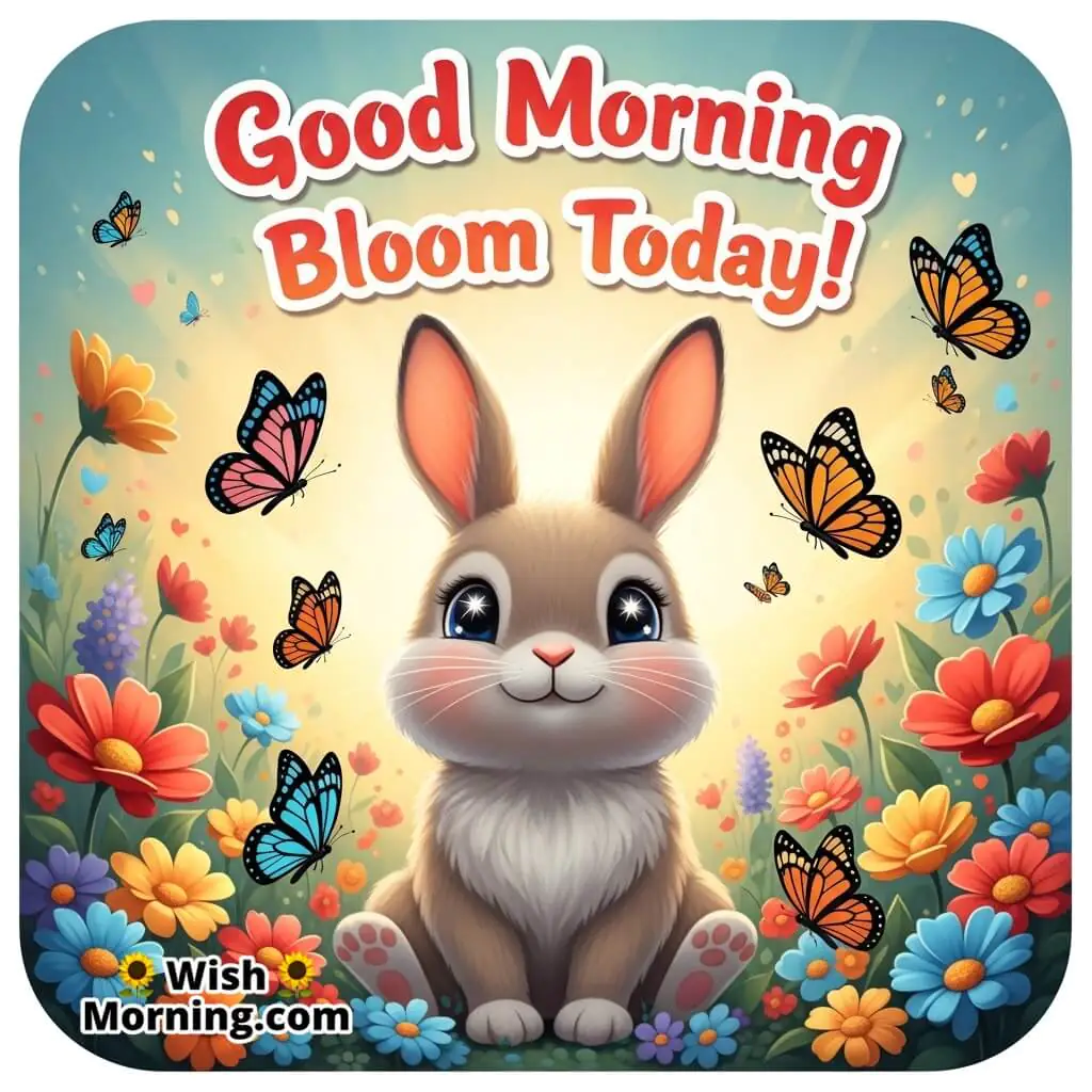 Good Morning Bloom Today featuring a cute rabbit in a colourful flower garden, symbolizing freshness and new beginnings.