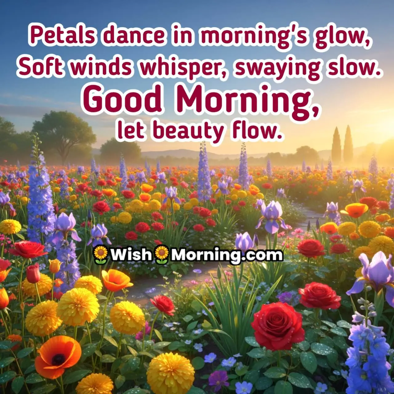 A garden blooming under the morning sun, symbolizing freshness and beauty.