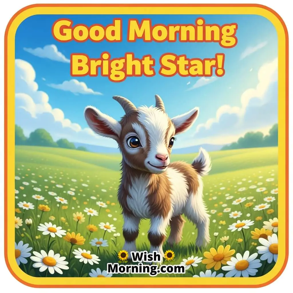 Good Morning Bright Star featuring a baby goat in fresh green fields, symbolizing lively morning spirit.