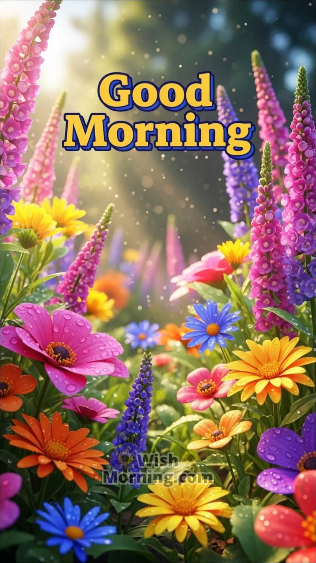 Good Morning mobile-friendly wallpaper featuring a vibrant 3D sunrise behind blooming colourful flowers.