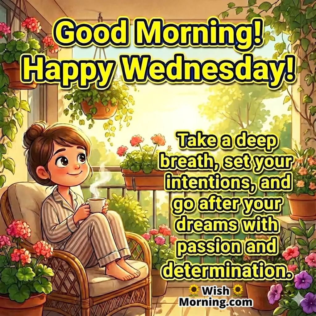 Good morning happy Wednesday intention setting image featuring a peaceful sunrise and a calm figure, symbolizing focus, clarity, and purposeful energy.