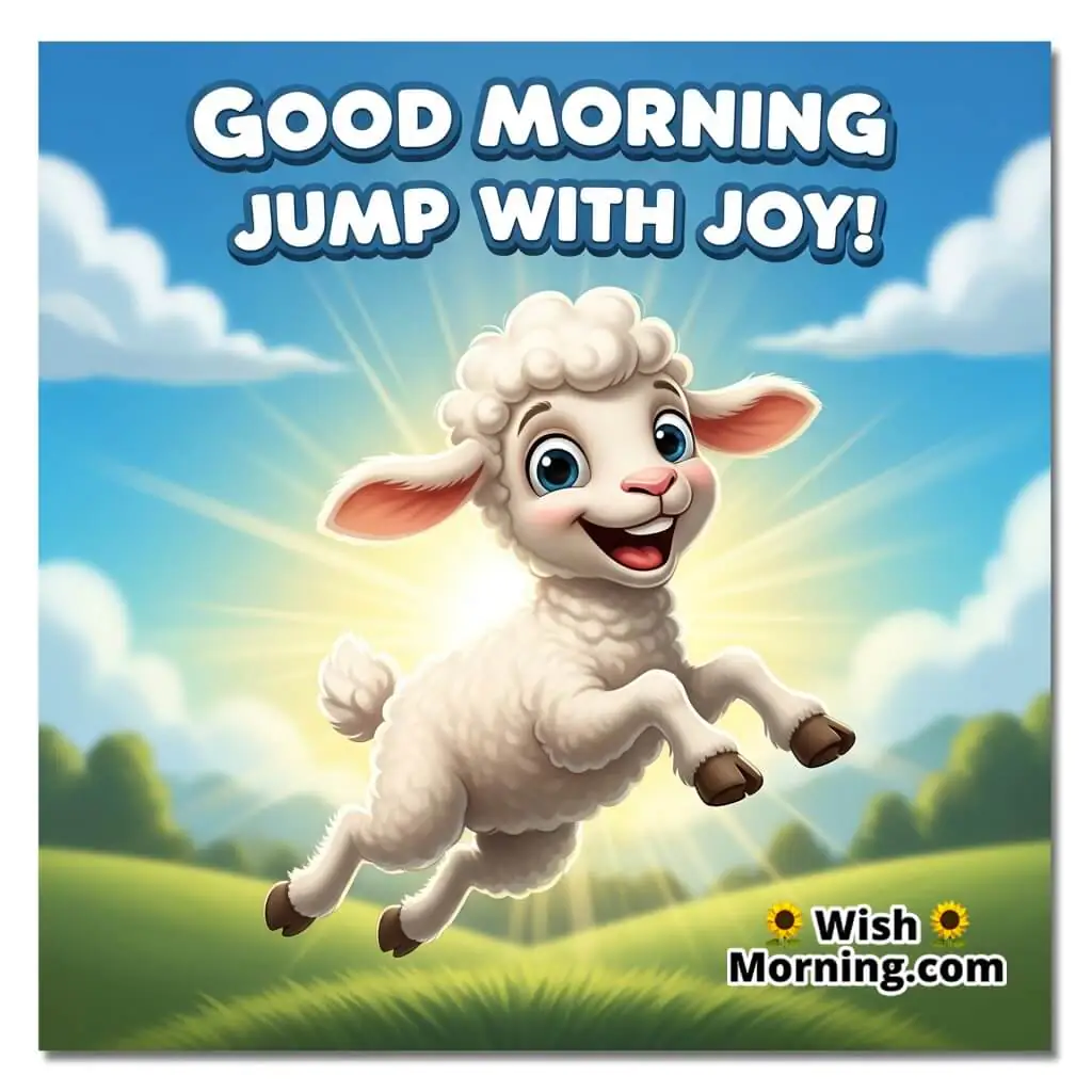 Good Morning Jump with Joy featuring a lamb leaping happily in sunlight, symbolizing lively and positive movement.
