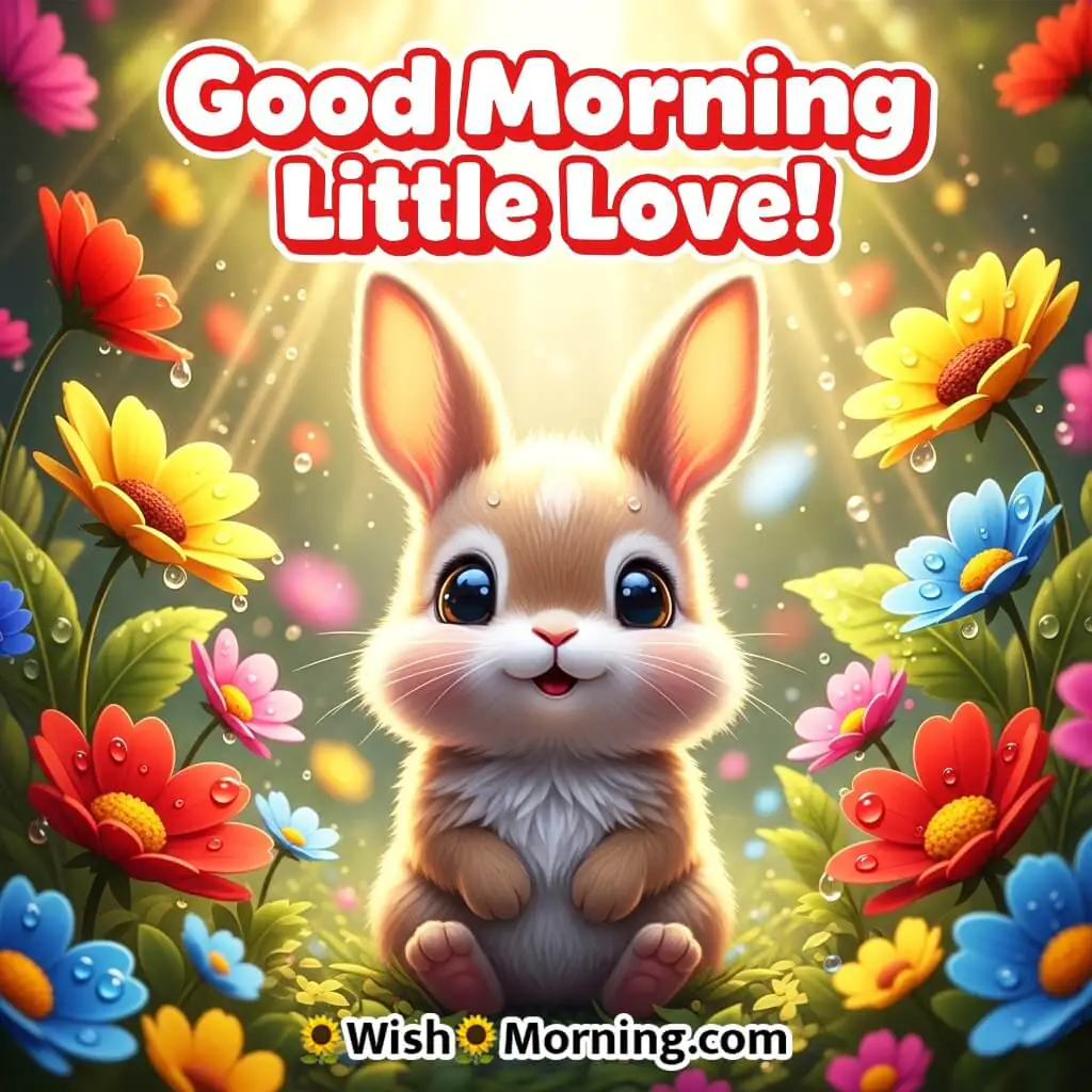 Good Morning Little Love featuring a tiny rabbit among colourful flowers, symbolizing tenderness and warmth.