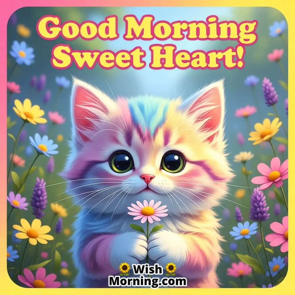 Good Morning Sweet Heart featuring a fluffy kitten holding a flower in pastel garden light, symbolizing tenderness and affection.