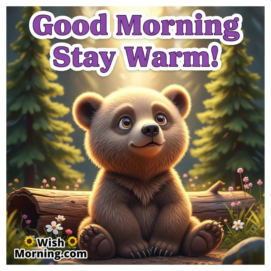 Good Morning Stay Warm featuring a baby bear near pine trees in morning light, symbolizing comfort and calmness.