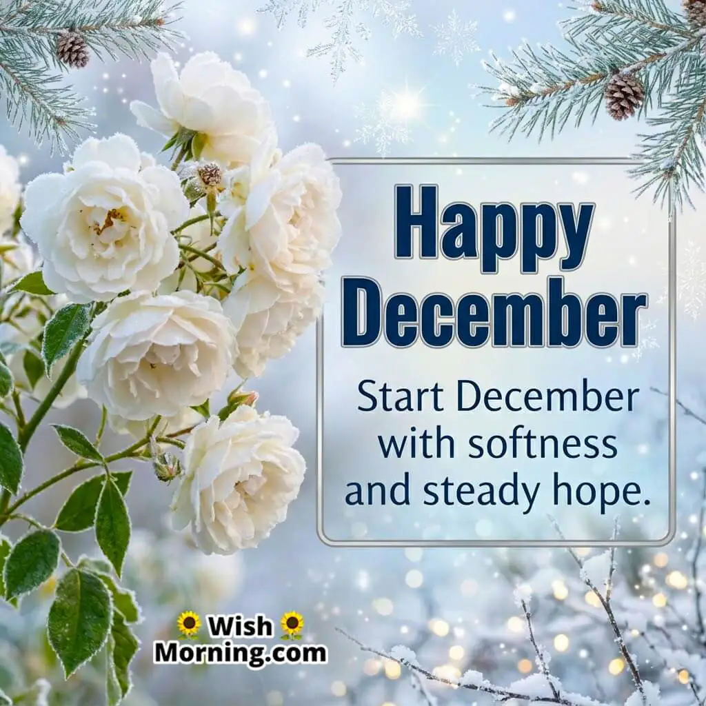 Happy December White Roses Image featuring gentle winter roses with soft frost symbolizing purity, hope, and steady new-month beginnings.