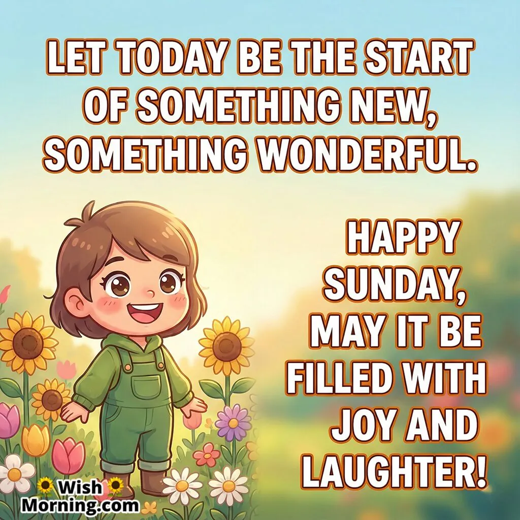 Happy Sunday inspirational message image featuring a bright morning garden and a cheerful character, symbolizing hope, joy, and a fresh beginning.
