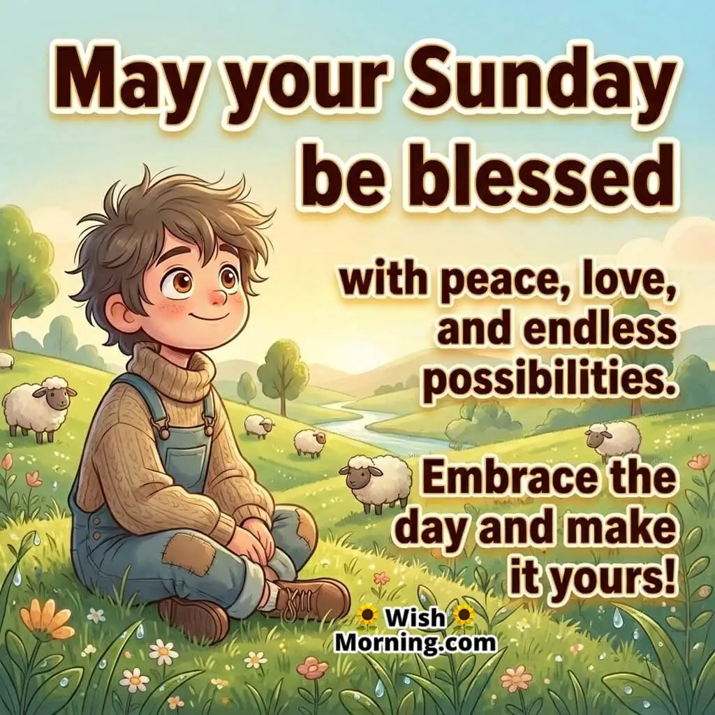 Happy Sunday peaceful blessings message image featuring a serene meadow and a calm figure, symbolizing peace, love, and new possibilities.