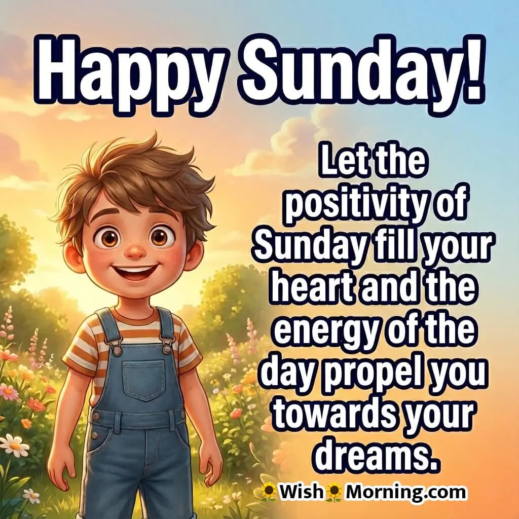 Happy Sunday positive energy message image featuring a cheerful boy in a bright outdoor scene, symbolizing motivation and uplifting energy.