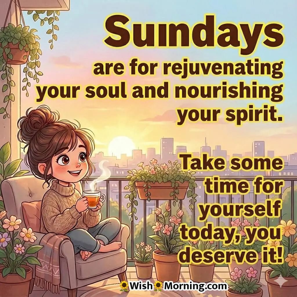 Happy Sunday self care message image featuring a peaceful balcony and a calm figure enjoying morning tea, symbolizing rest and rejuvenation.