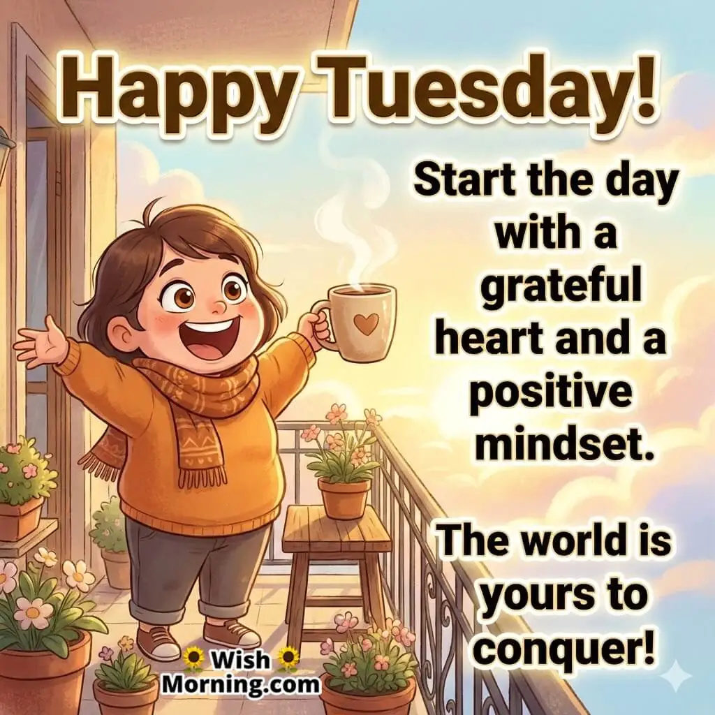 Happy Tuesday positive start message image featuring a warm balcony sunrise and a calm figure, symbolizing gratitude, confidence, and a fresh beginning.