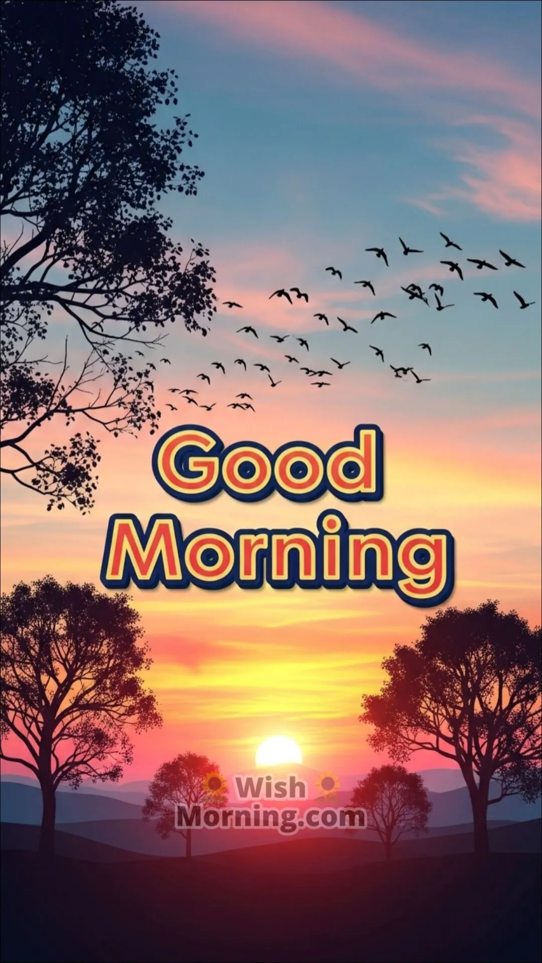 Good Morning mobile wallpaper featuring colourful 3D tree silhouettes and birds under a glowing sunrise.