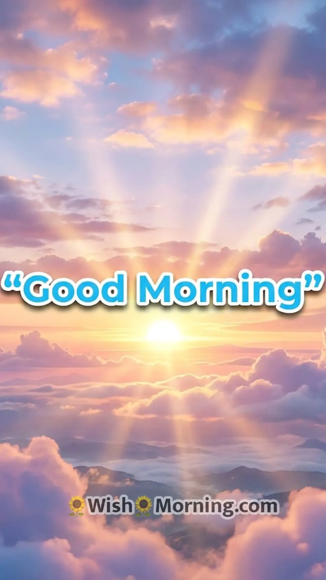 Good Morning sunrise mobile wallpaper showing bright 3D sunlight breaking through soft cloud layers.