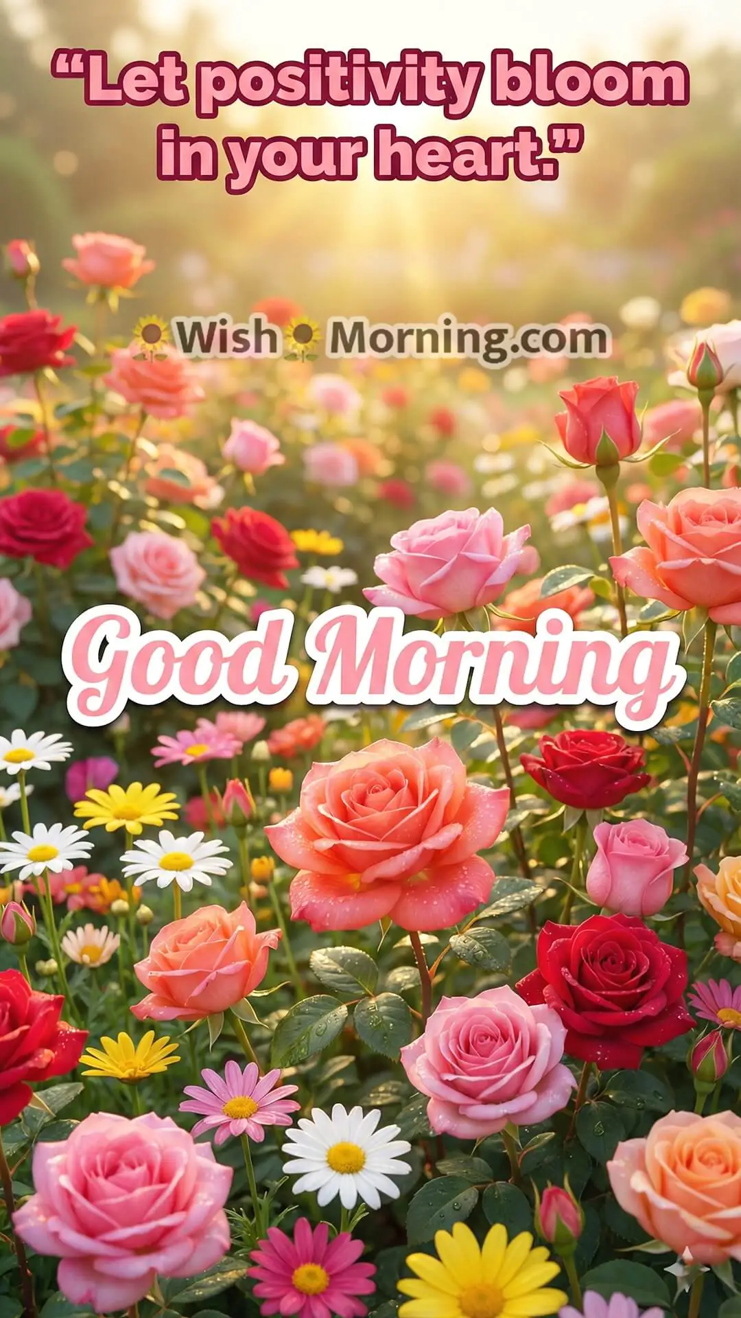 Good Morning mobile-friendly flower wallpaper featuring colourful blooms with a positive quote.