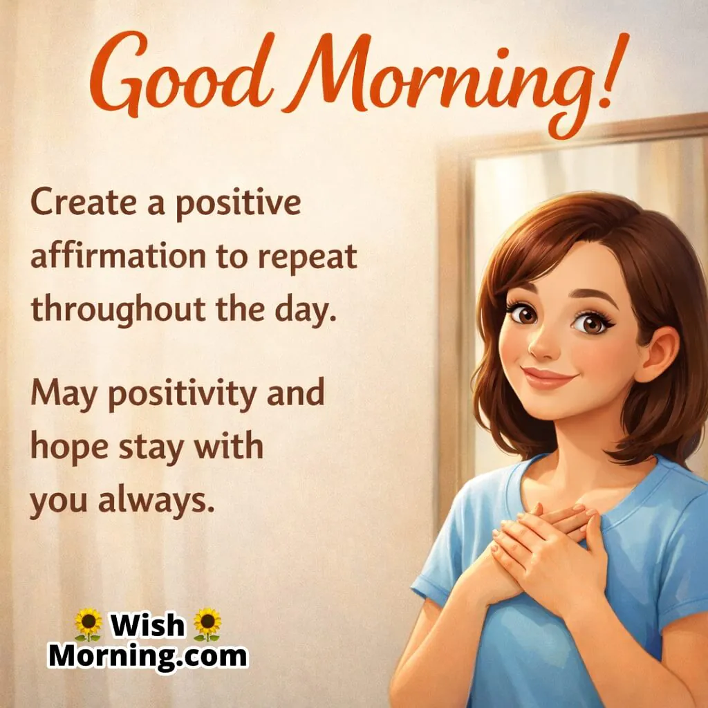 Good Morning image featuring a woman with mirror saying affirmation, symbolizing inner positivity and hope.
