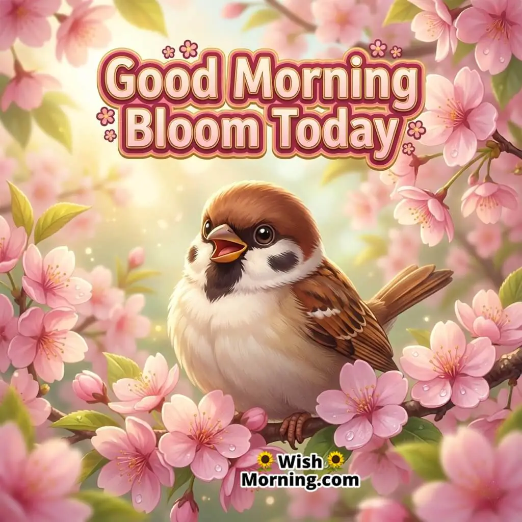 Good Morning Blossom featuring a sparrow surrounded by pink flowers in soft morning glow, symbolizing beauty and peace.