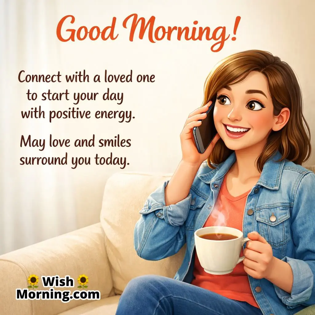 Good Morning image featuring person smiling during a phone call, symbolizing connection and positive energy.