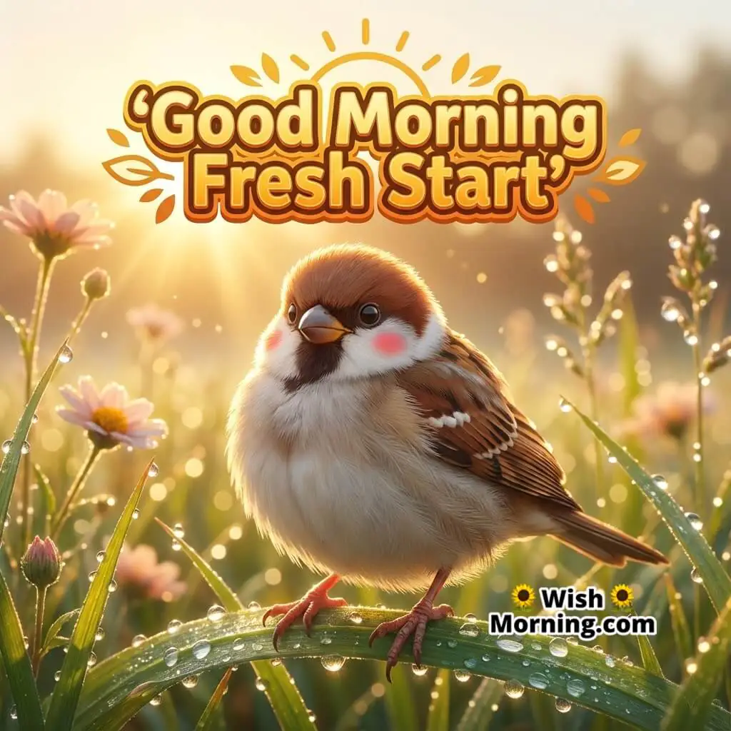 Good Morning Dewy Garden featuring a sparrow perched on dew-covered grass with early sunlight, symbolizing freshness and renewal.