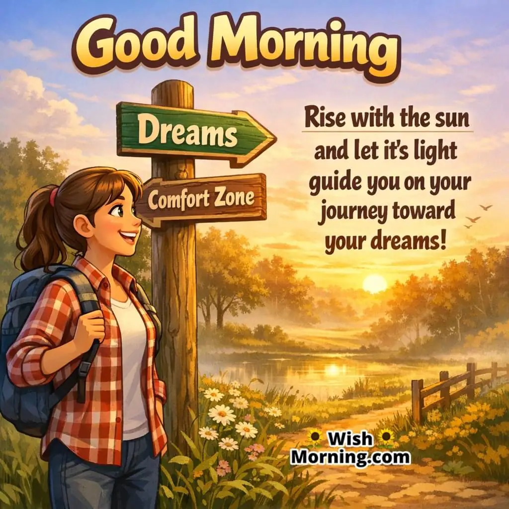 Good Morning image of woman at sunrise crossroads choosing dreams, symbolizing purpose and courage.