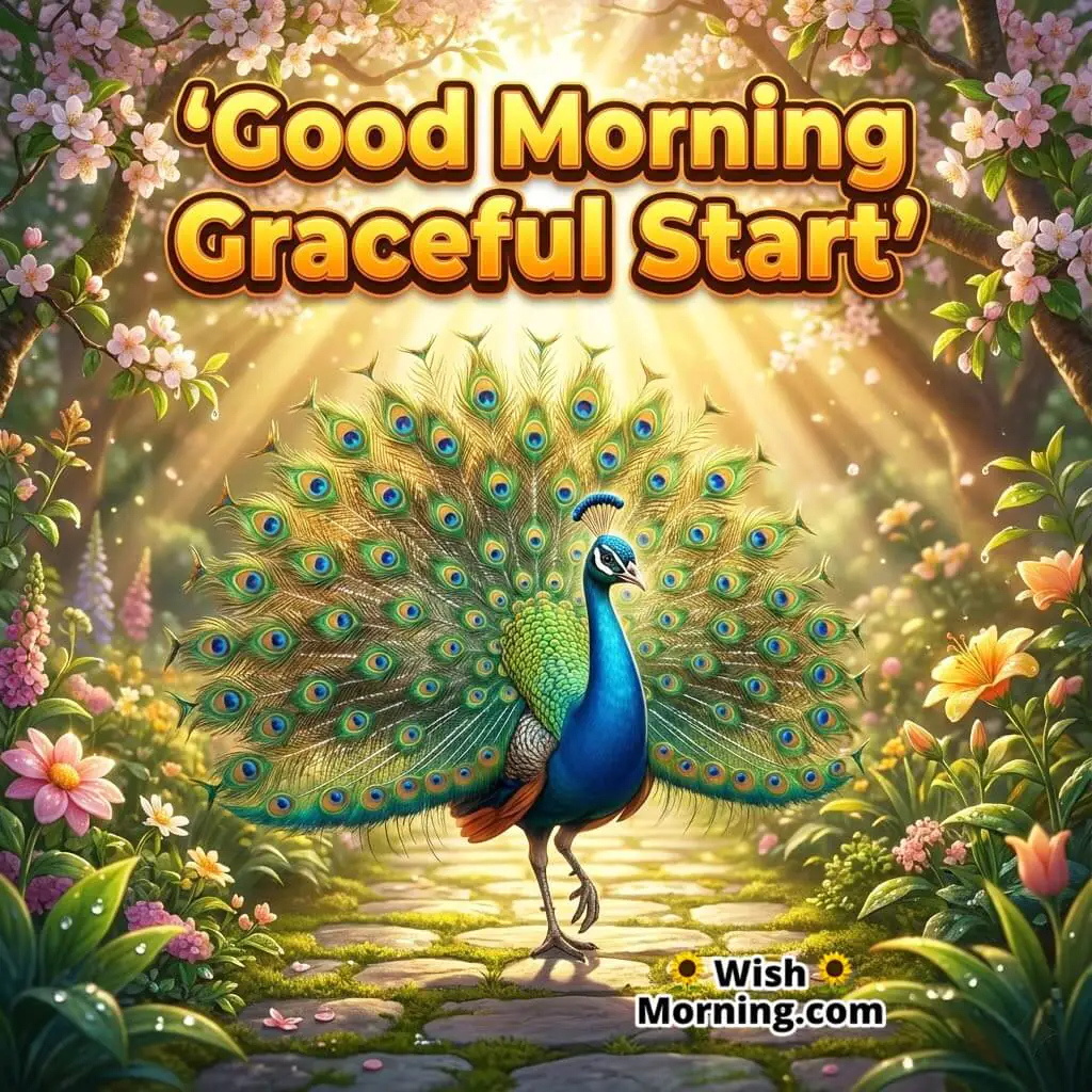 Good Morning Elegant featuring a peacock walking on a sunlit stone garden path, symbolizing calm movement and gentle beginnings.