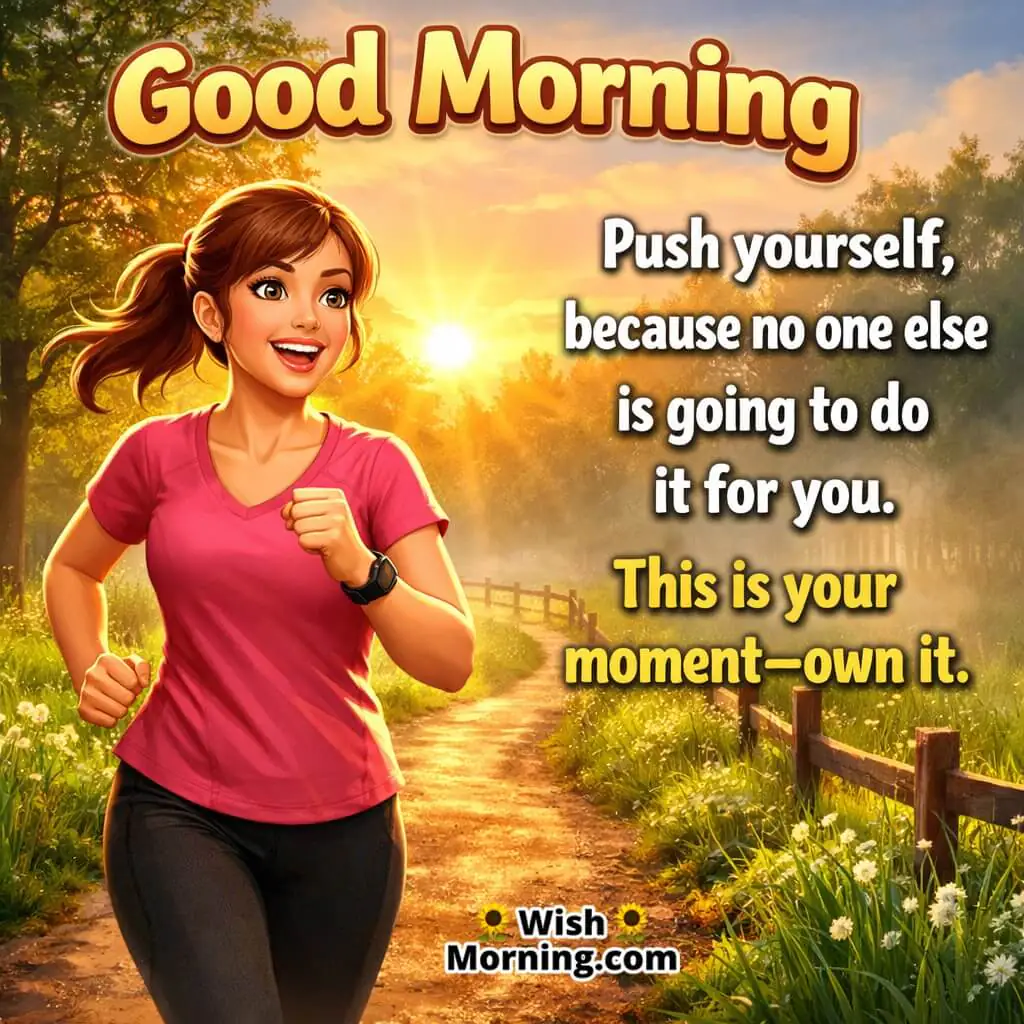 Good Morning image of woman jogging at sunrise trail, symbolizing self-motivation and chasing dreams.