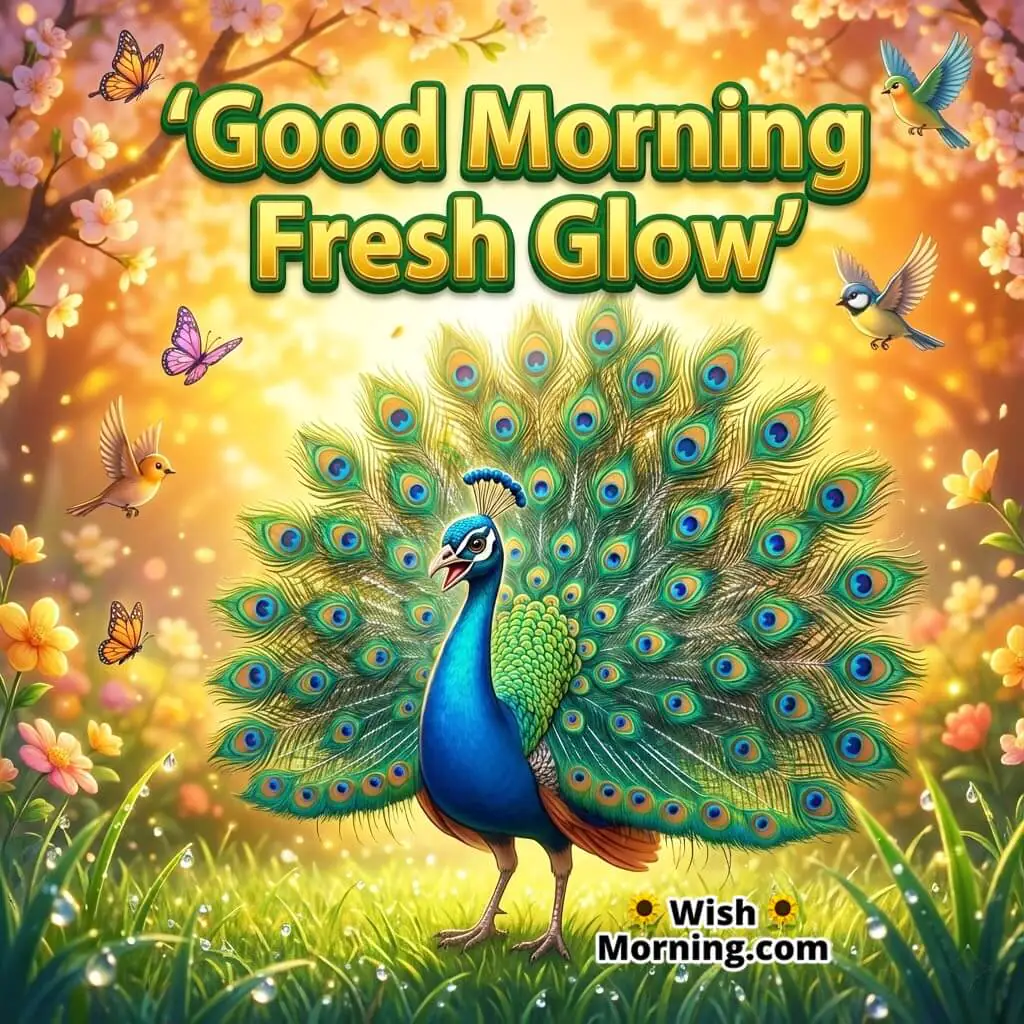 Good Morning Fresh Glow featuring a peacock standing on dew-covered grass in warm light, symbolizing freshness and purity.