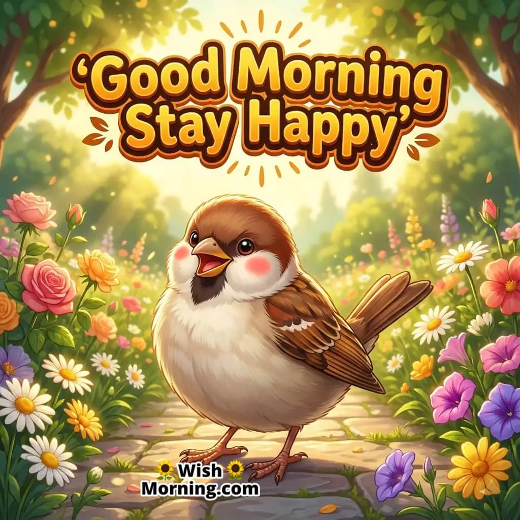 Good Morning Garden Path featuring a sparrow standing near a sunlit garden pathway with flowers, symbolizing positivity and simple joy.