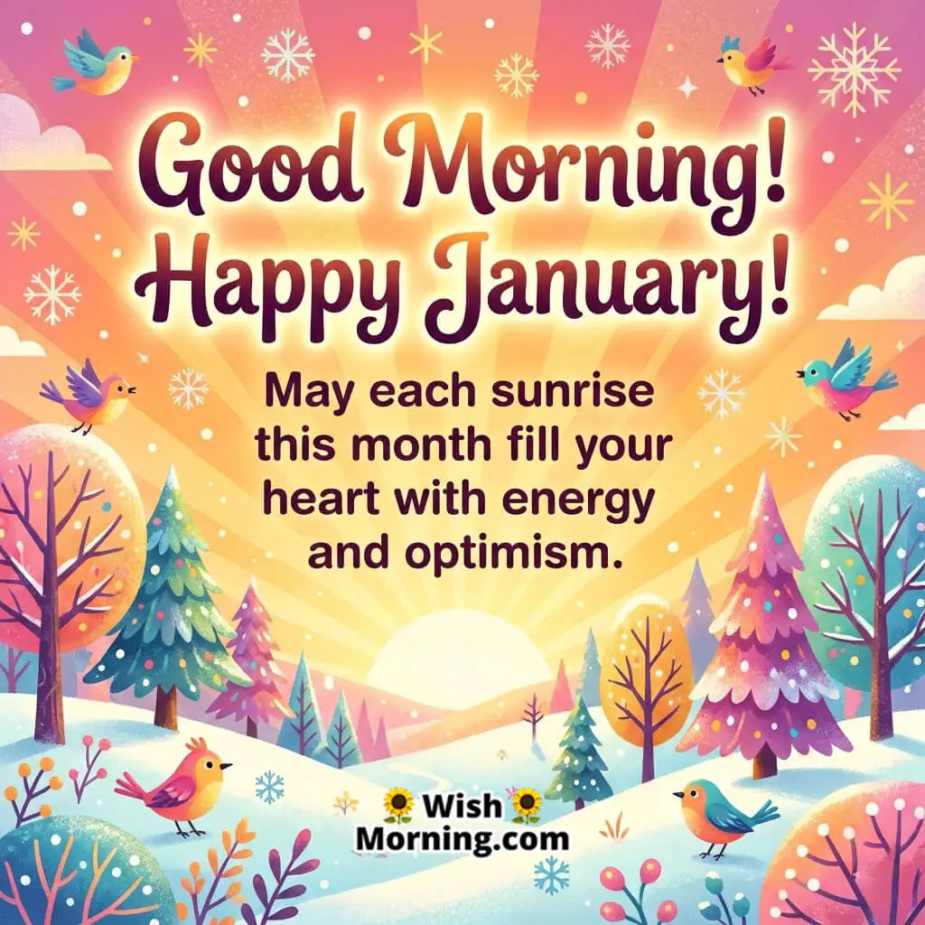 Good Morning Happy January Message illustrated with a bright sunrise colourful trees birds and snowy landscape symbolising optimism energy and a joyful new beginning.