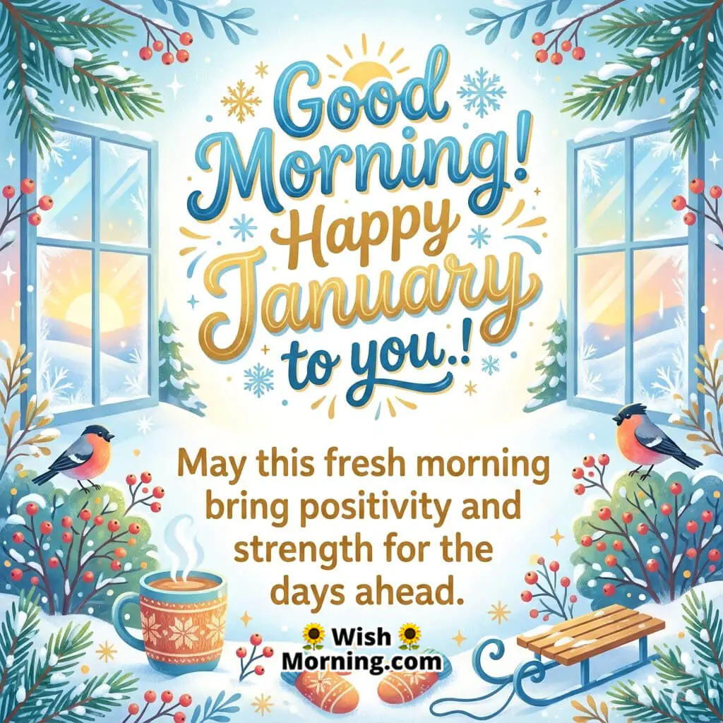 Good Morning Happy January Wishes featuring a cosy winter morning scene with open windows birds warm coffee snow and soft sunlight symbolising positivity and fresh energy.