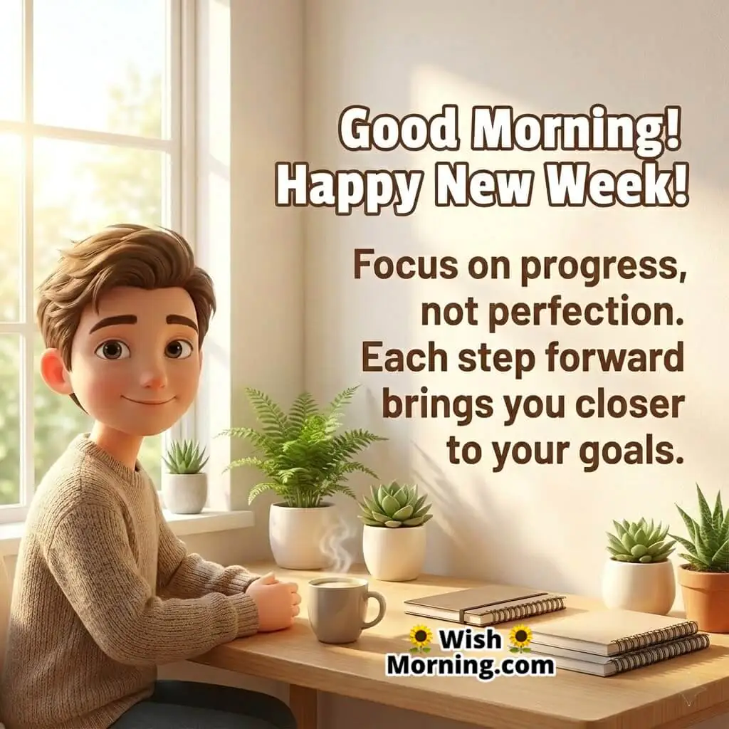 Good morning happy new week progress mindset image featuring a cozy workspace and a calm figure, symbolizing growth, focus, and forward movement.