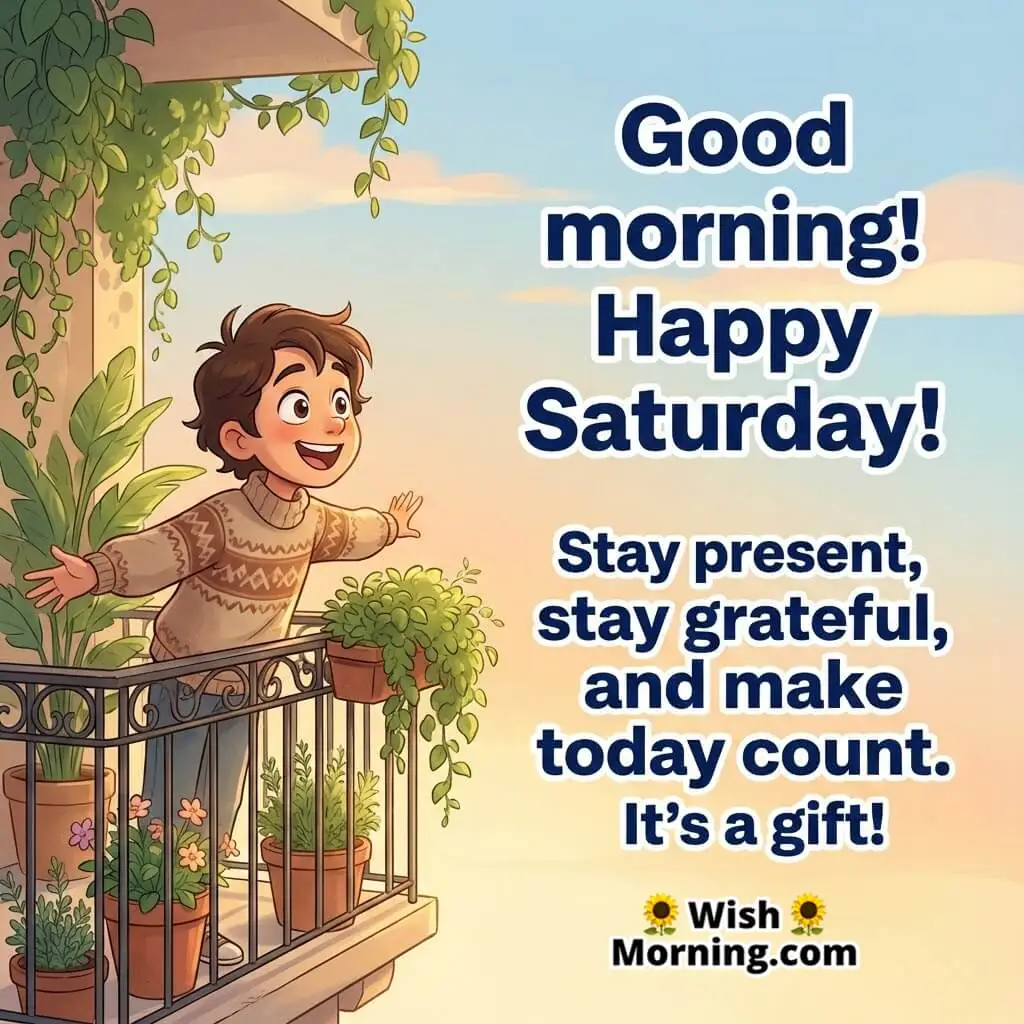 Good morning happy Saturday gratitude message image featuring a bright balcony morning scene and a joyful figure, symbolizing presence, gratitude, and mindful living.