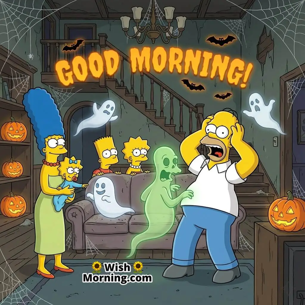 Good Morning Homer Halloween Fun with Homer screaming in a spooky haunted house filled with cartoon ghosts, glowing pumpkins, and family members enjoying the Halloween chaos.