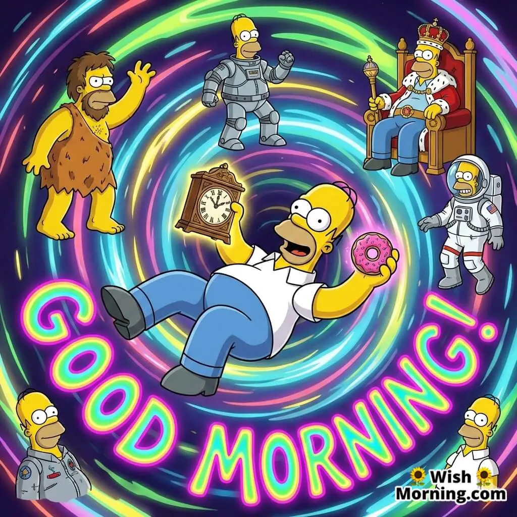 Good Morning Homer Time Warp with Homer spinning through a swirling cartoon time portal, surrounded by funny versions of himself and glowing clocks in a vibrant sci-fi morning scene.