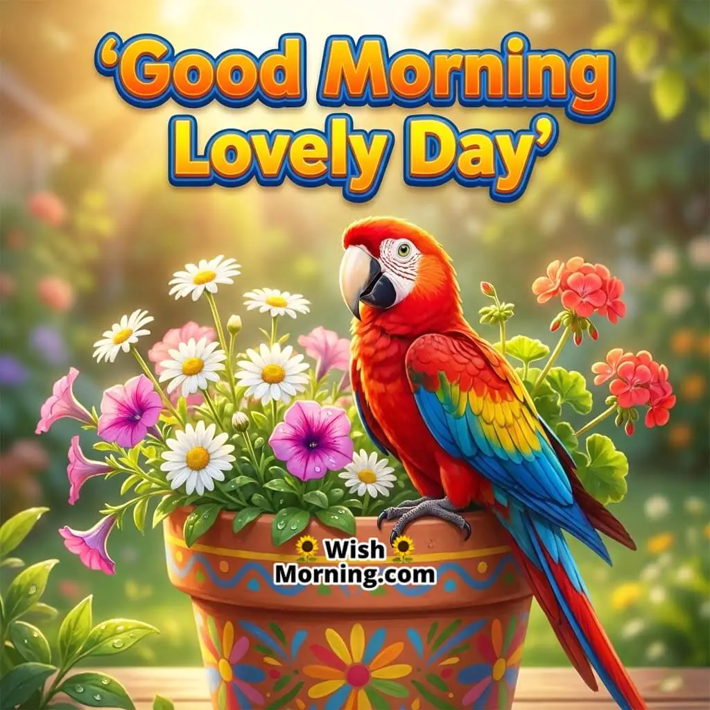 Good Morning Lovely Day featuring a bright parrot sitting on a colourful flower pot under soft sunrise light, symbolizing warmth and gentle joy.