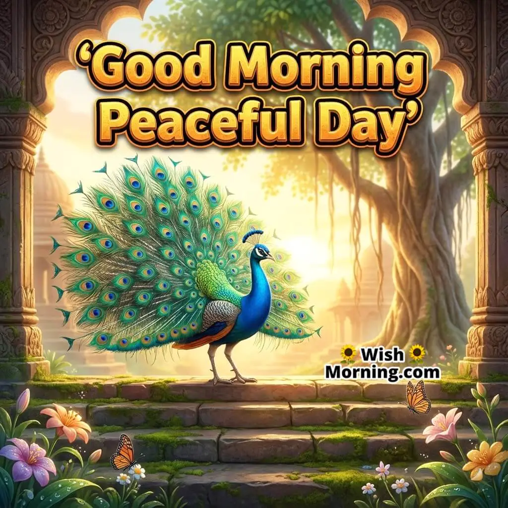 Good Morning Peaceful featuring a peacock standing on ancient steps with golden sunrise, symbolizing serenity and tradition.