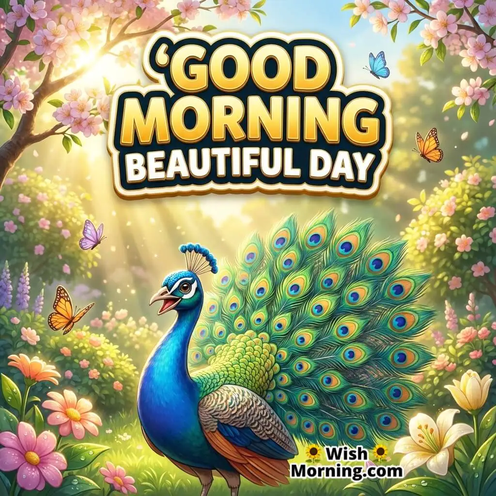 Good Morning Peacock featuring a peacock standing in a bright morning garden with golden sunlight, symbolizing beauty and a cheerful start.