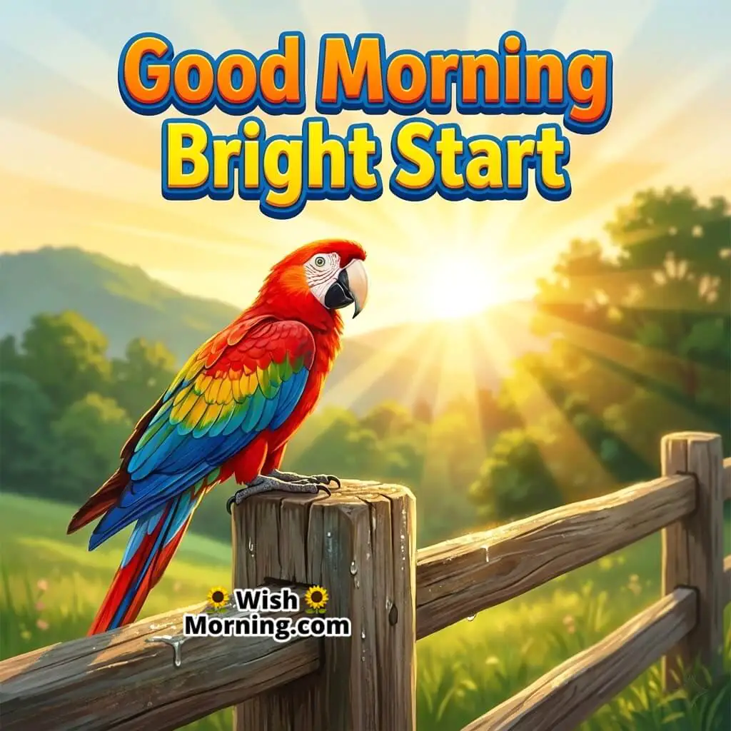 Good Morning Sunrise featuring a vibrant parrot perched on a rustic wooden fence glowing in golden sunlight, symbolizing brightness and hope.